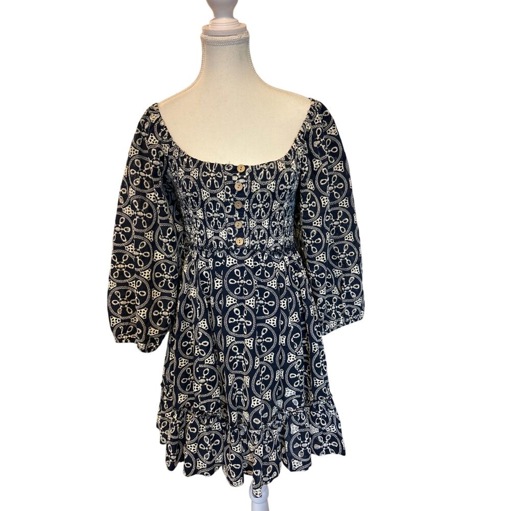 Lucca | 100% Cotton Navy/White Eyelit Babydoll Back Cutout Half Sleeve Dress | M - Picture 1 of 15
